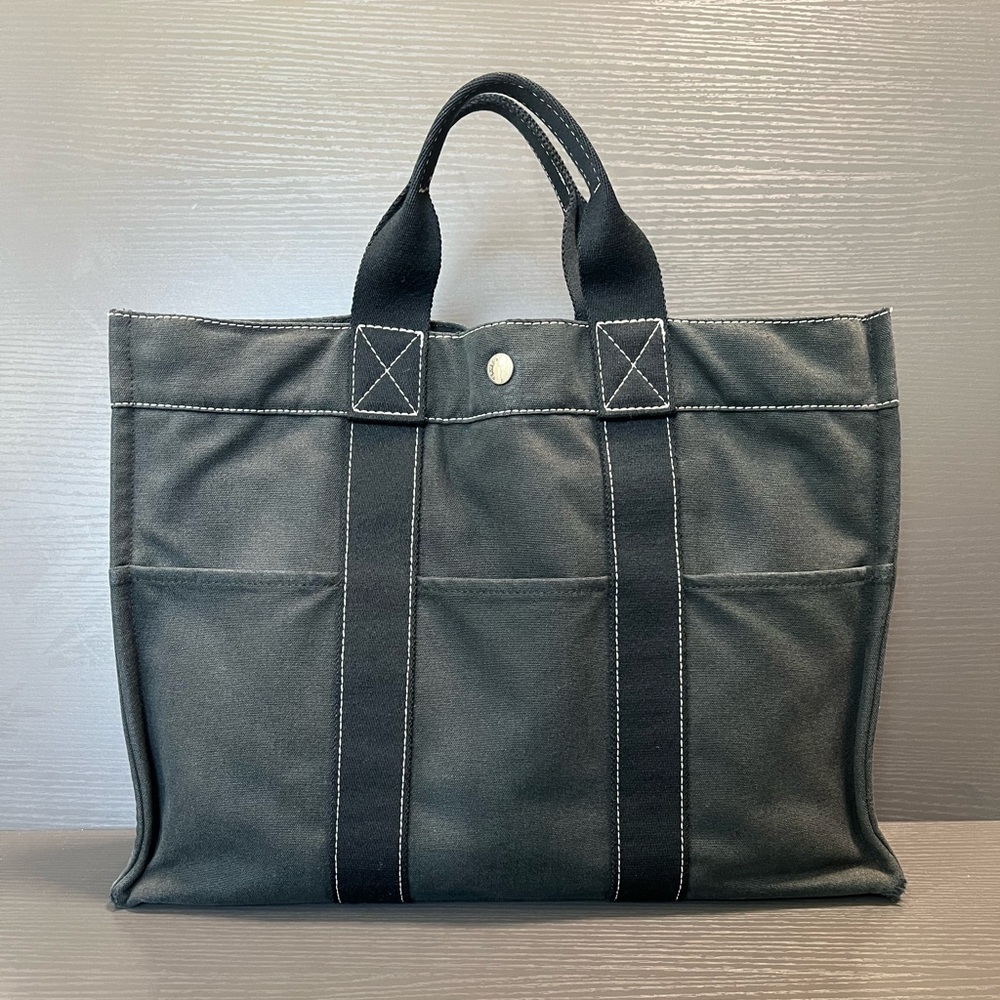Hermes Tote Unisex Black Canvas with Black Detailing & White Stitching - Picture 3 of 15